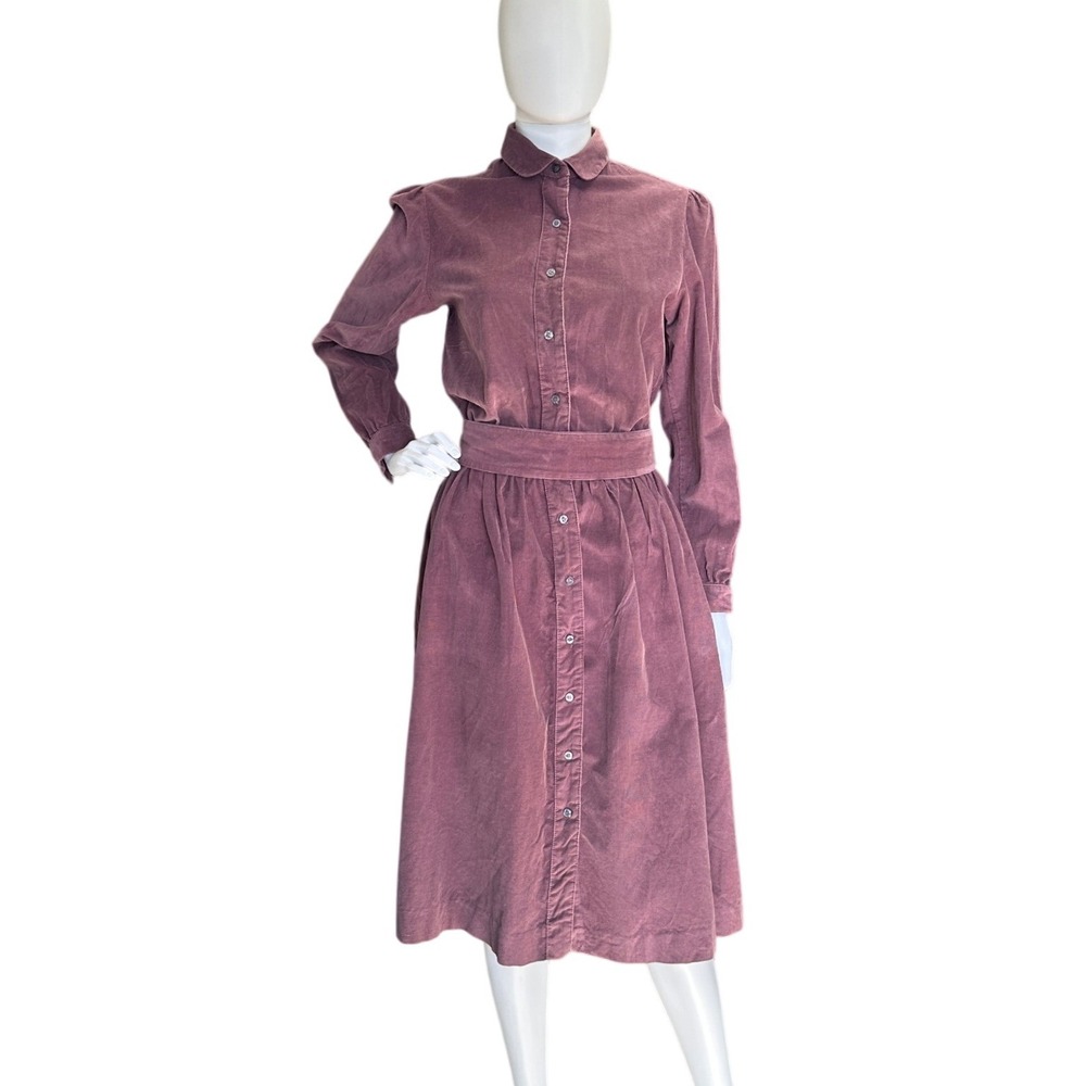 Vintage 80s Mauve Corduroy Midi Shirt Dress Long Sleeve Button Front Lands End